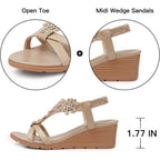 Temofon Women'S Low Wedge Heels Summer Dressy Platform Sandals Elastic Ankle Strap Open Toe Flower Shoes