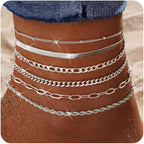 Besteel Ankle Bracelets for Women Waterproof - 14K Gold Plated Non Tarnish Layered Cuban Link Chain Rope Figaro Herringbone Anklets Set Plus Size Anklet Summer Foot Jewelry Gift Adjustable 8-12 Inch