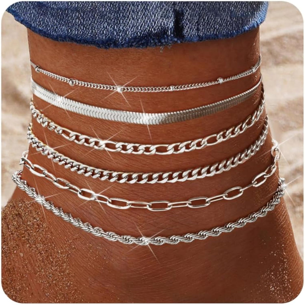 Besteel Ankle Bracelets for Women Waterproof - 14K Gold Plated Non Tarnish Layered Cuban Link Chain Rope Figaro Herringbone Anklets Set Plus Size Anklet Summer Foot Jewelry Gift Adjustable 8-12 Inch