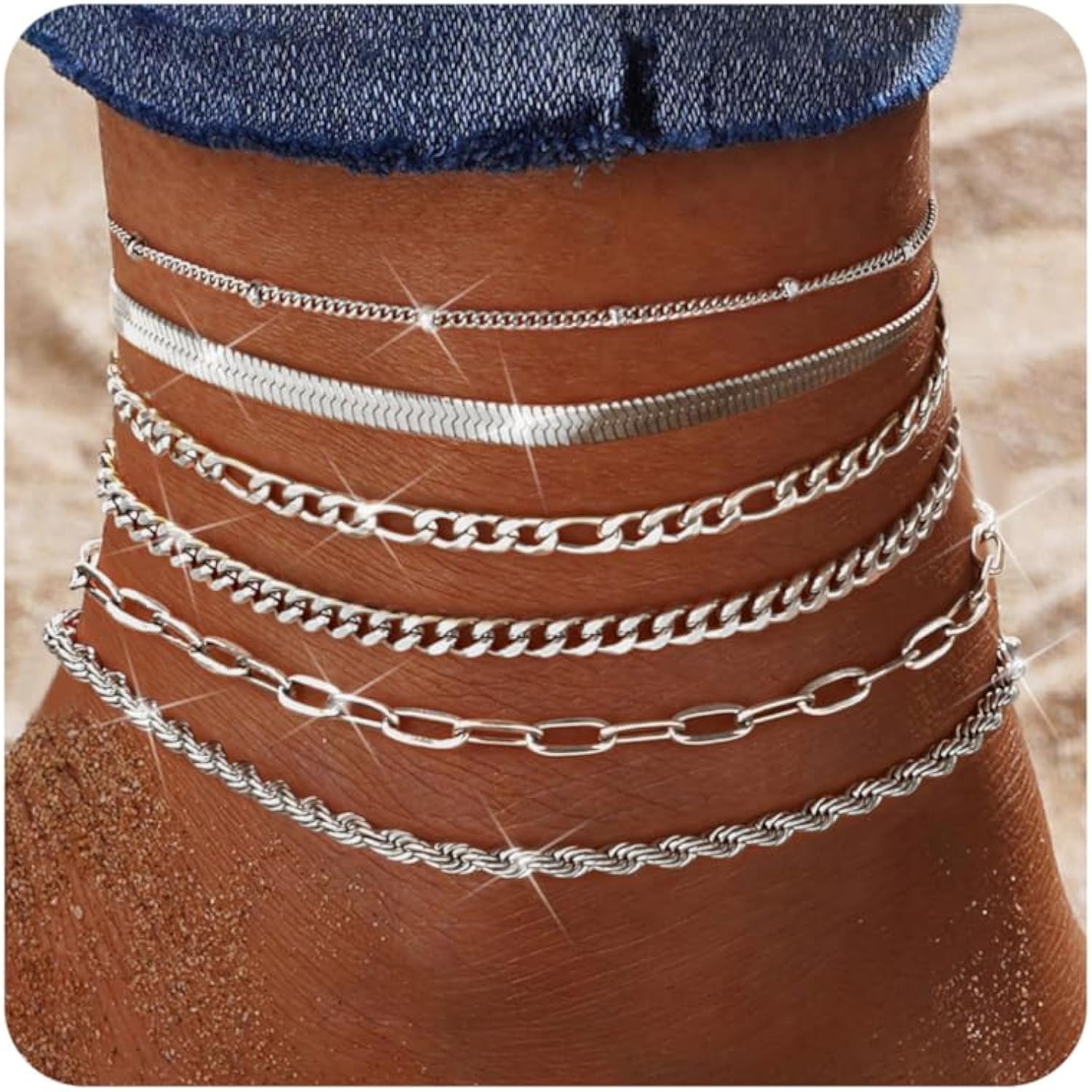 Besteel Ankle Bracelets for Women Waterproof - 14K Gold Plated Non Tarnish Layered Cuban Link Chain Rope Figaro Herringbone Anklets Set Plus Size Anklet Summer Foot Jewelry Gift Adjustable 8-12 Inch