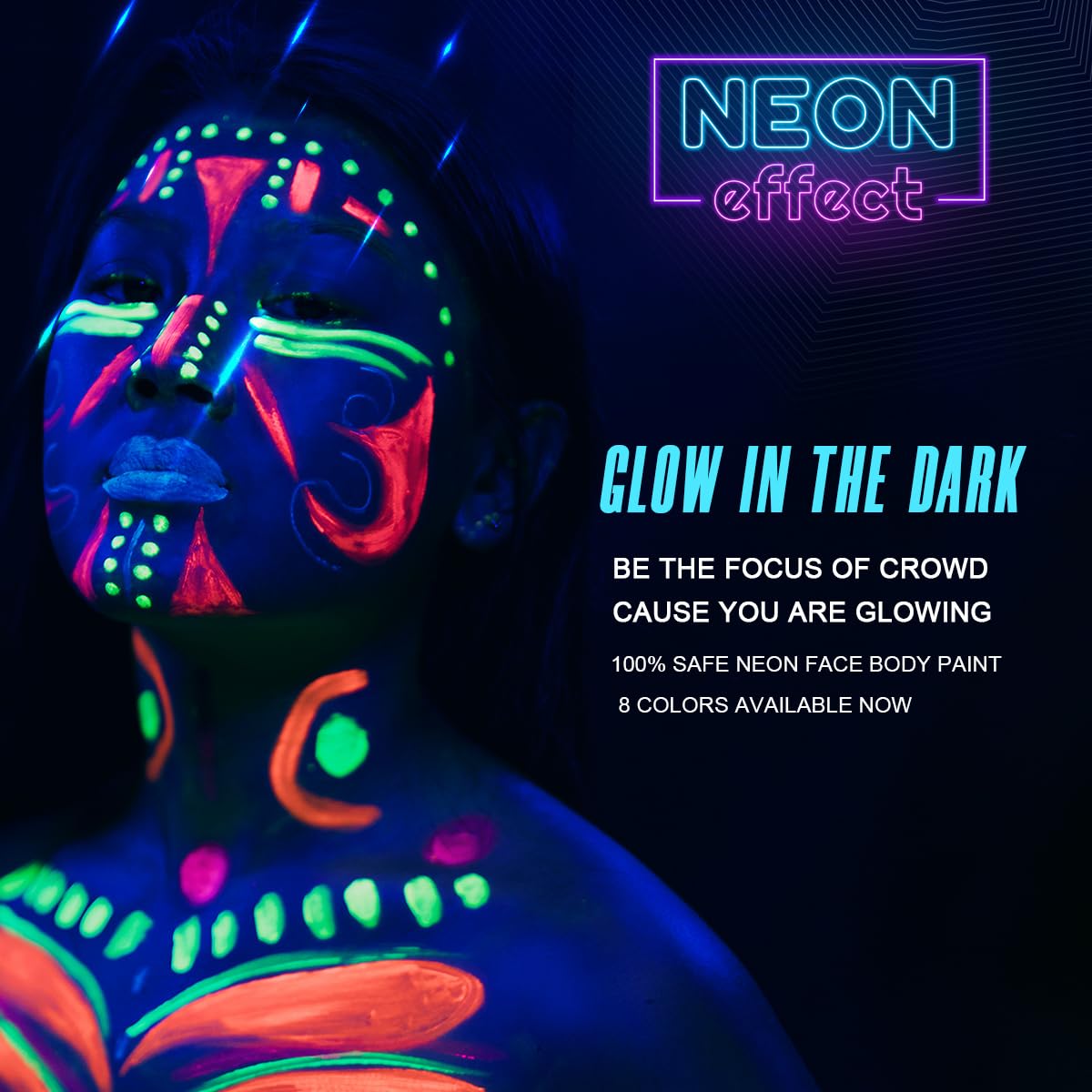 Bowitzki UV Neon Face and Body Paint 8 x 30ml Liquid Kit Black Light Glow in the Dark Makeup Set Fluorescent Blacklight reactive Painting for Adults Music Festivals Party Halloween Christmas