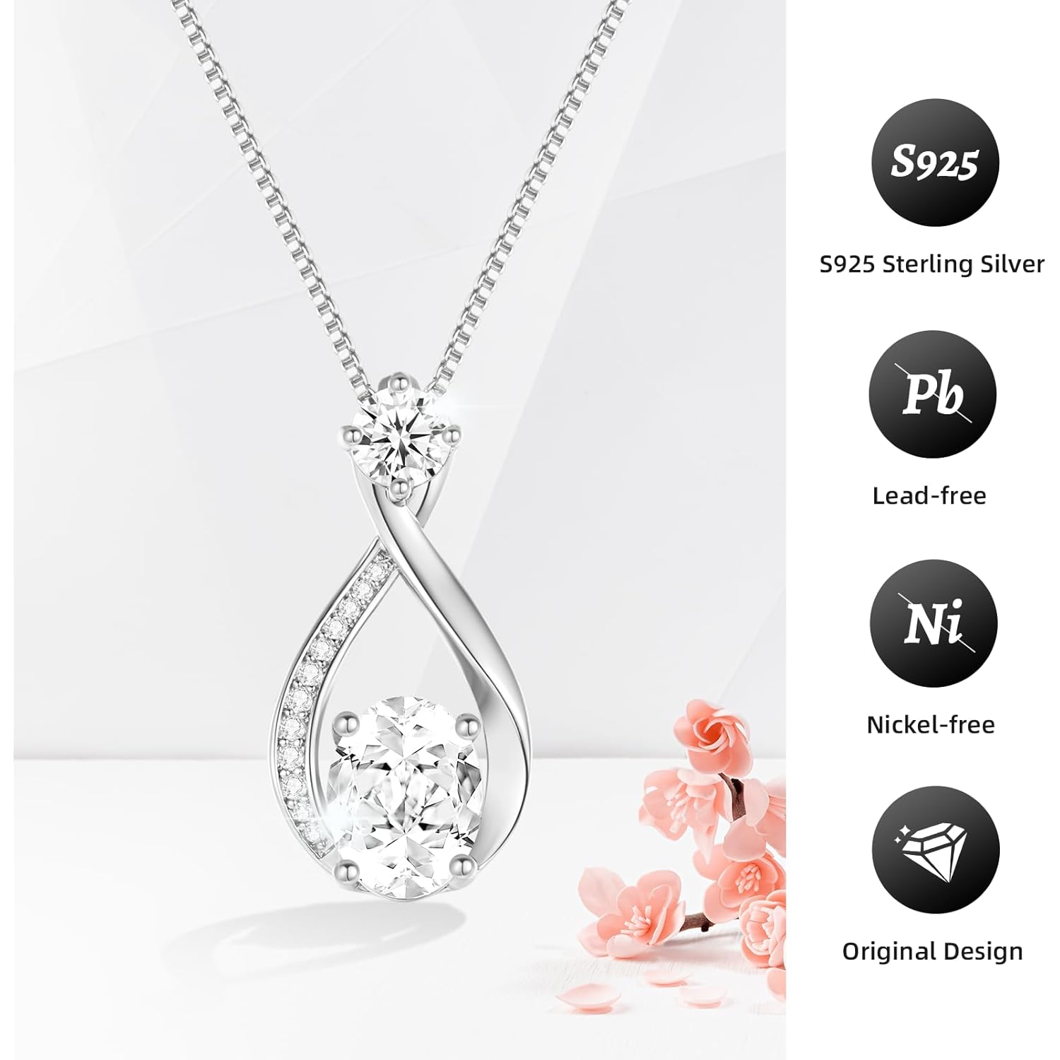 1.5CT Moissanite Infinity Pendant Necklace in Gift Box|Anniversary Wedding Gifts for Women Wife Her|S925 Sterling Silver 18K White Gold/Gold Filled|Jewelry for Birthday Christmas Valentines Day