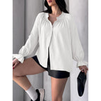 Womens Puff Long Sleeve Button Down Shirts Pleated V Neck Cotton Blouses Loose Fit Casual Ruffle Tops