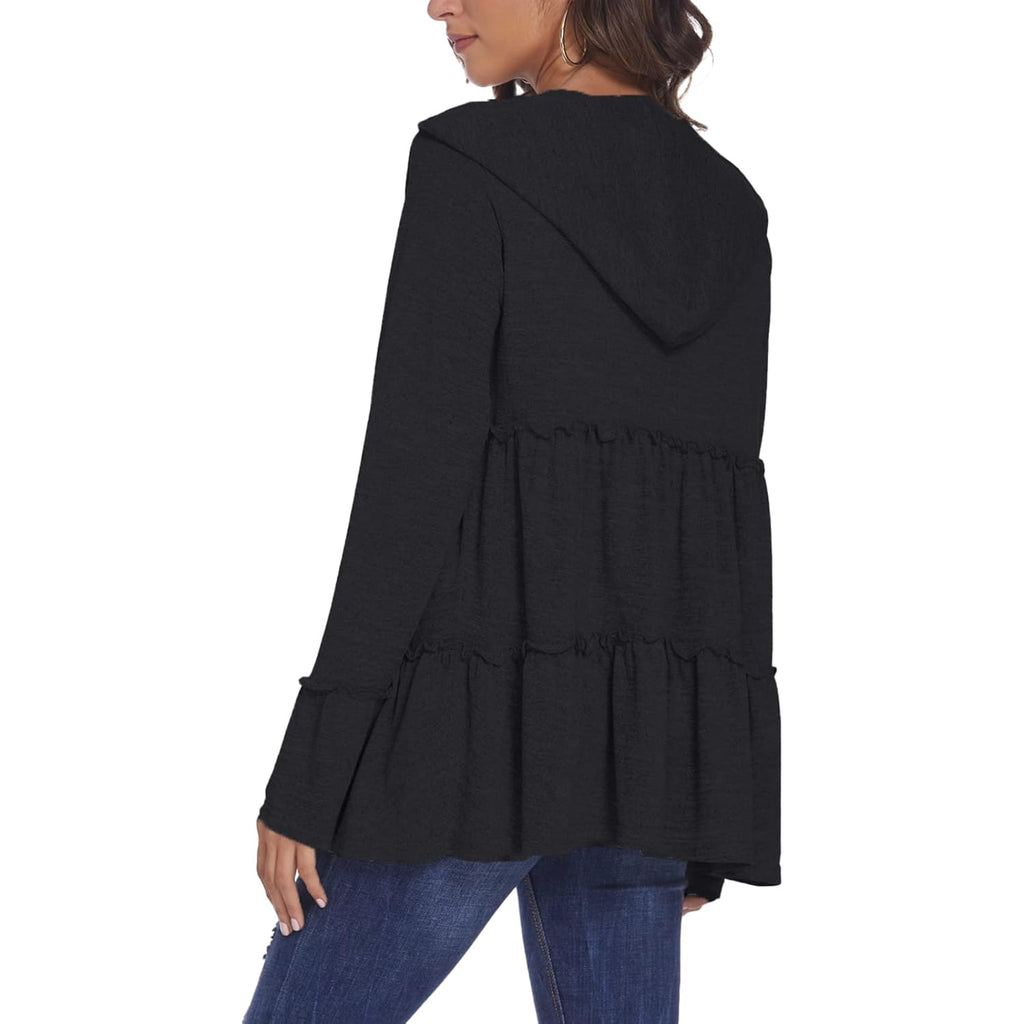 Full Zip Up Hoodie for Women Pleated Tiered Ruffle Hooded Sweatshirts Jacket Coat Long Sleeve