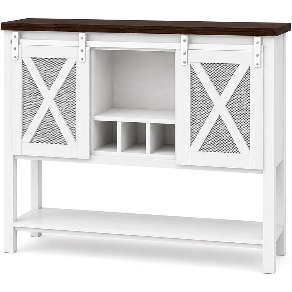 47" Farmhouse Coffee Bar Cabinet With Storage, Sideboard Buffet Table With Wine Rack And Sliding Barn Door, Liquor Cabinet For Kitchen Dining Room, White