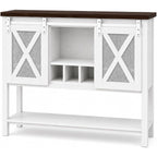 47" Farmhouse Coffee Bar Cabinet With Storage, Sideboard Buffet Table With Wine Rack And Sliding Barn Door, Liquor Cabinet For Kitchen Dining Room, White
