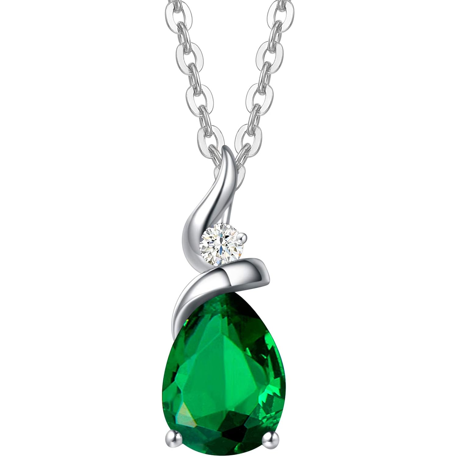 FANCIME 14K Solid White Gold Birthstone Pendant Necklace for Women with Diamond Pear Shaped Teardrop Necklace Birthday Gifts for Mom Women Sterling Silver Chain 16" + 2" Extender