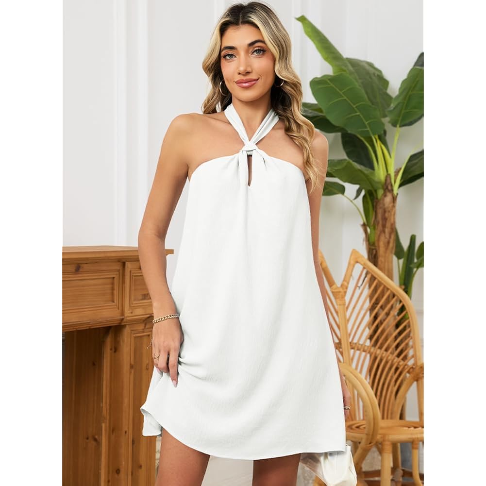 Ihot Women'S Halter Neck Mini Dress Sleeveless Boho Flowy A-Line Beach Vacation Sundress