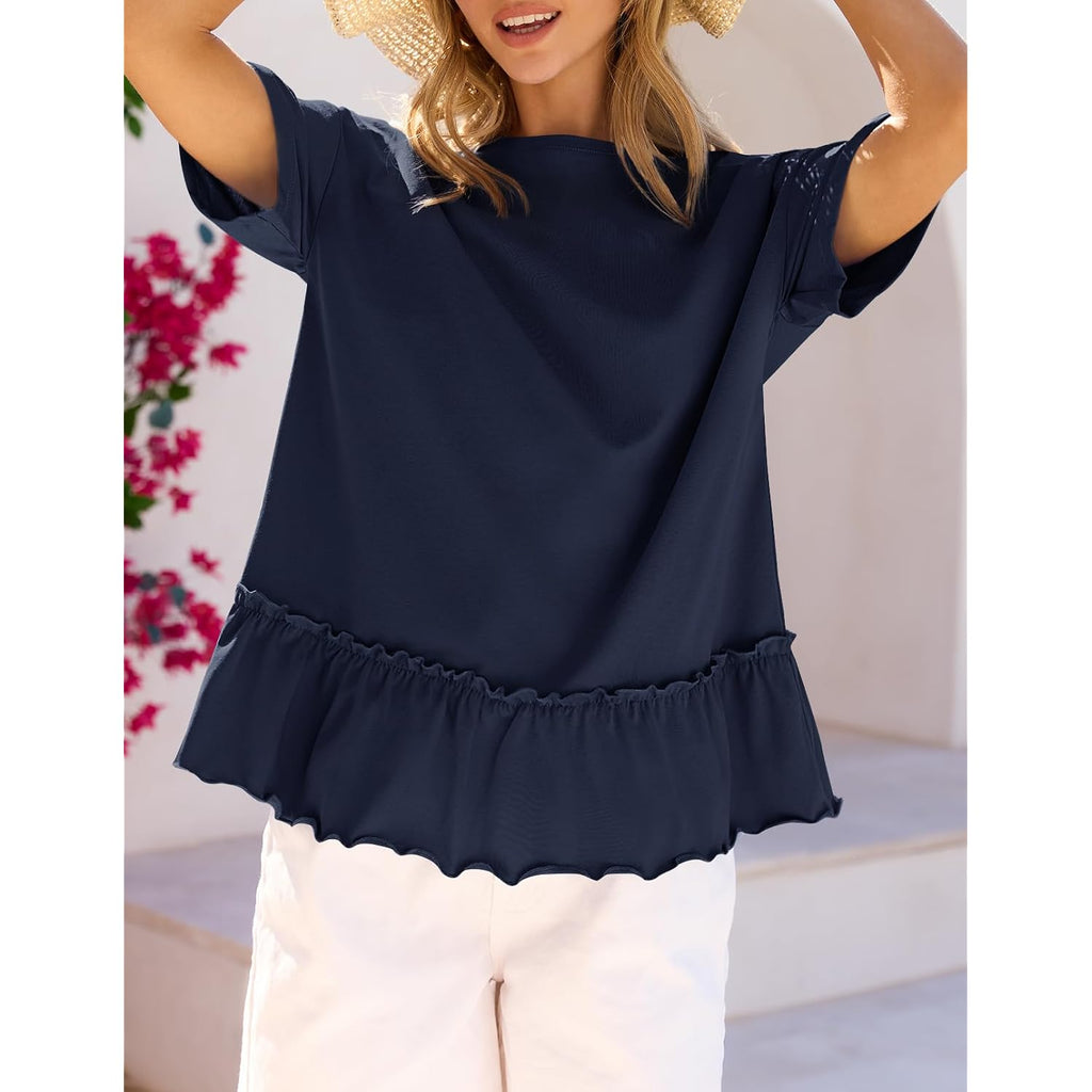 Merokeety Women'S 2026 Summer Peplum Tops Oversized Blouse Casual Short Sleeve Crew Neck Ruffle Tunic T Shirts