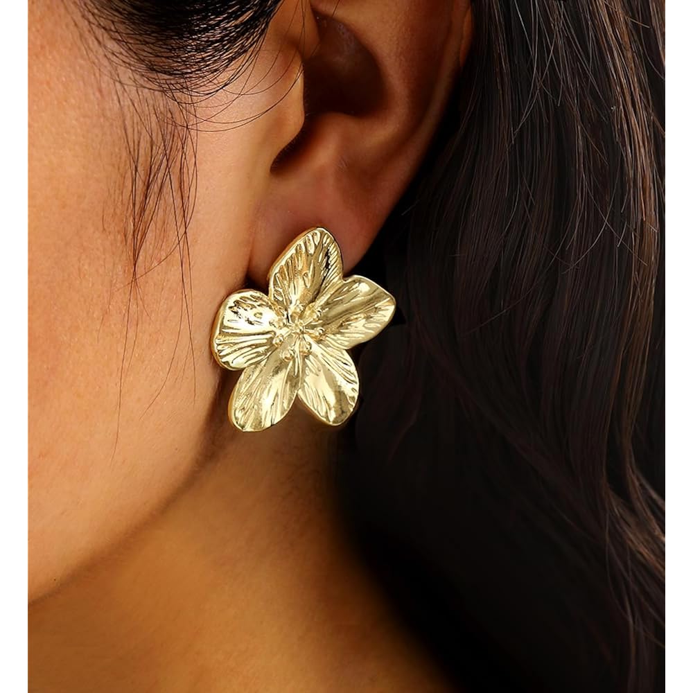Big Gold Flower Statement Earrings for Women, 14K Gold Plated Chunky Unique Starfish Leaf Floral Drop Earrings, Large Fall Earrings Jewelry Gift