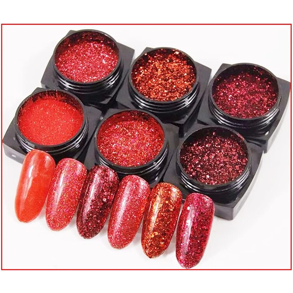 Red Nail Art Glitter Sequins Red Crystal Diamond Sparkly Nail Powder Valentine's Day Nail Supplies New Year Wedding Shiny Nail Flakes for Women Girls Holographic Manicure Tips Charms Pigment 6 Boxes