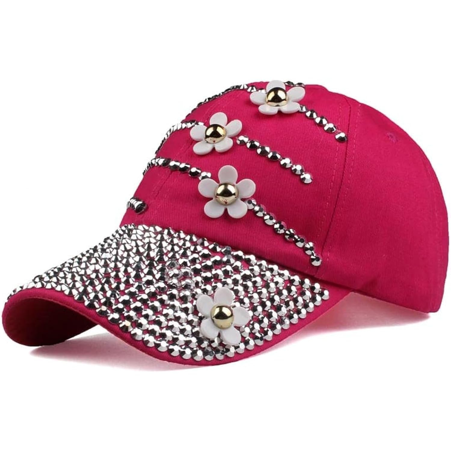 Women Bling Baseball Cap with Flower, Vintage Adjustable Low-Profile Dad Hat Sport Strapback Caps for Ladies Rose Red