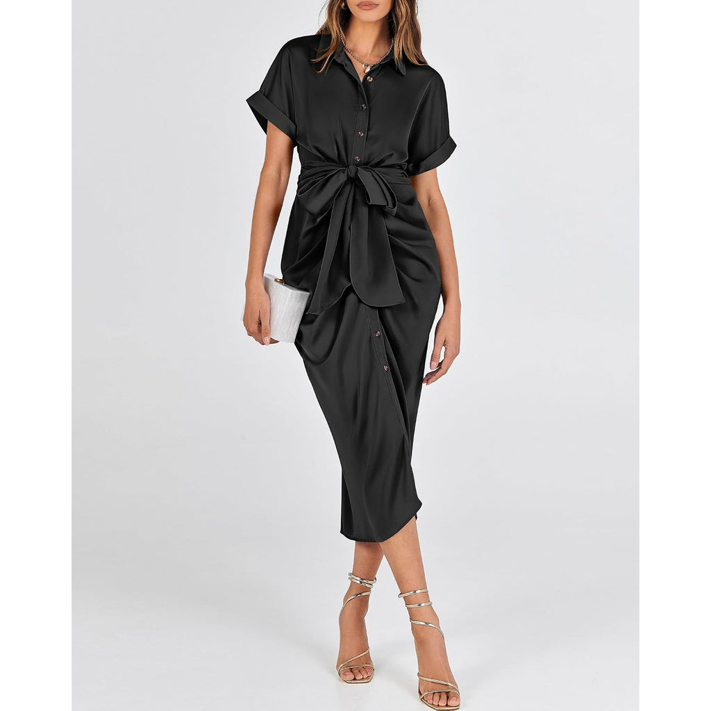Btfbm Short Sleeve Satin Dresses For Women,Button,Silk,Ruched Maxi Dress,Cocktail Party Wedding,Summer Fall Clothes