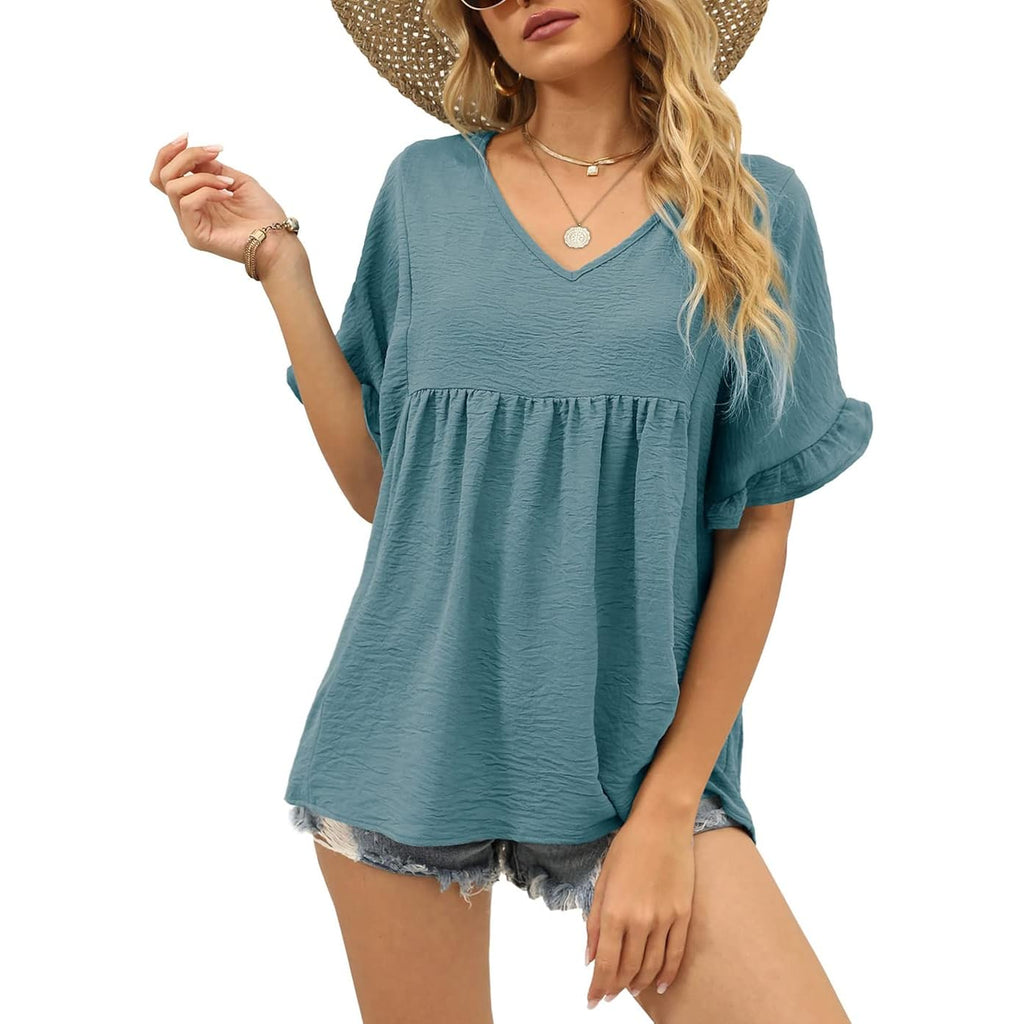 WIHOLL Womens Tops Casual V Neck Ruffle Sleeve T Shirts Babydoll Loose Fit Peplum Tops