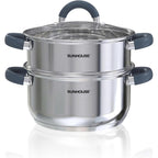 SUNHOUSE Stainless Steel Steamer Pot for Cooking - 3 QT Steaming Pot with Glass Lid & Steamer Basket - 2 Tier Tri-ply Vegetable Steamer with Stay-Cool Silicone Handles - Induction Compatible