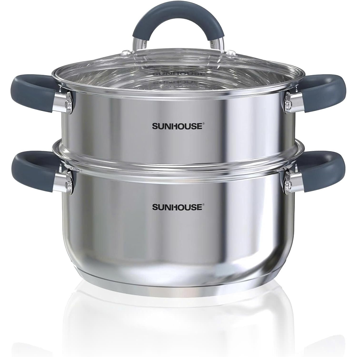 SUNHOUSE Stainless Steel Steamer Pot for Cooking - 3 QT Steaming Pot with Glass Lid & Steamer Basket - 2 Tier Tri-ply Vegetable Steamer with Stay-Cool Silicone Handles - Induction Compatible