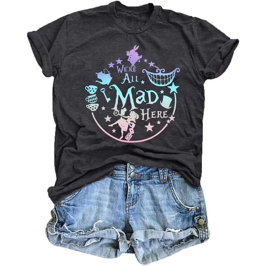 ASTANFY We're All Mad Here Shirt Women Magical Graphic Tees Cute Vacation Tops Casual Short Sleeve Shirts A-black Grey