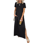 Anrabess Womens Summer Casual Maxi Dress Short Sleeve Crewneck Split Wrinkle-Free Travel Long Sundress Beach Vacation Clothes