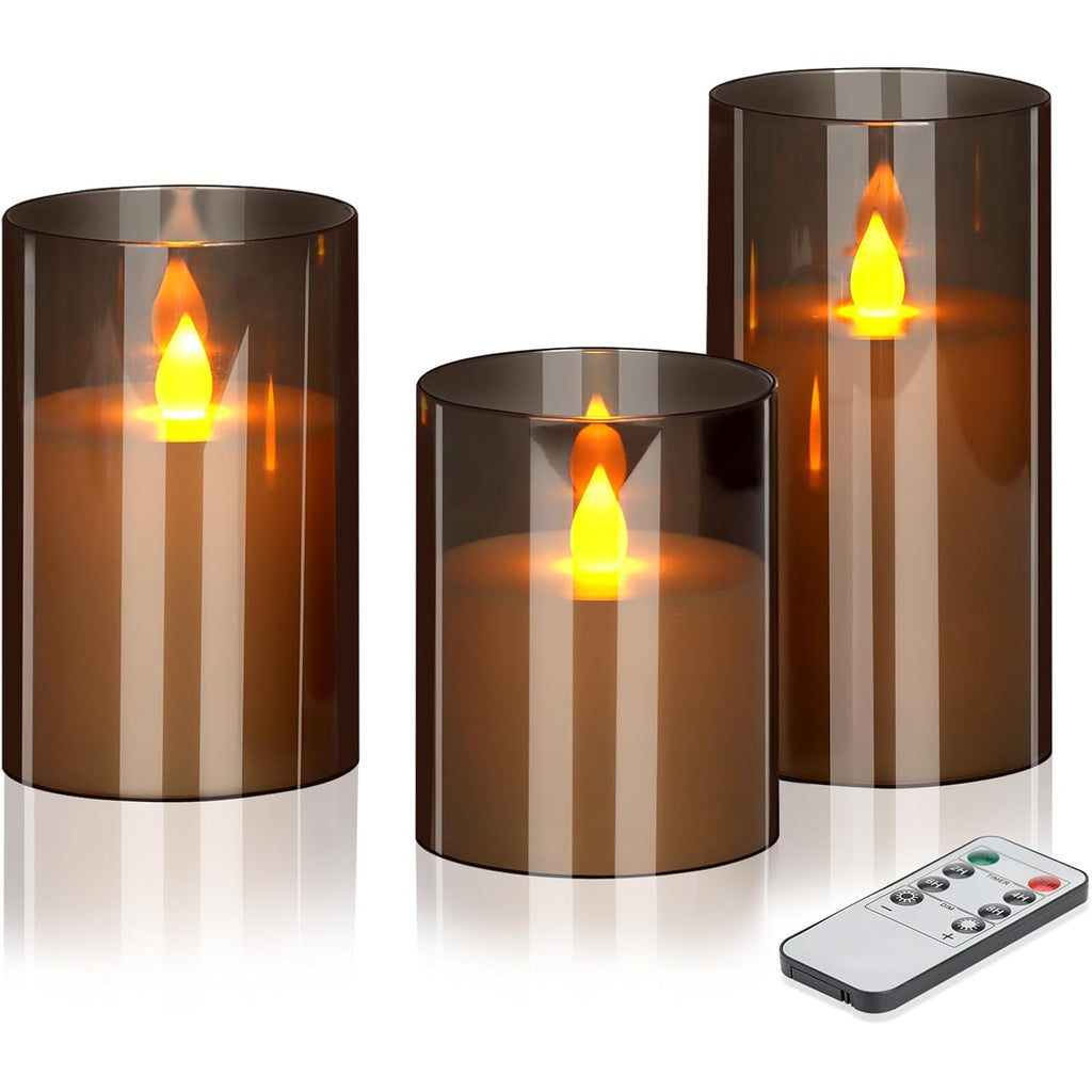 wemarry Flameless Candles 4" 5" 6" Acrylic Glass Pillars 3" Diameter Battery Operated Flickering Candles Include 8-Key Remote with Timer Function 400+ Hours (Gray, Warm Light 3 Pack)