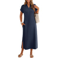 Merokeety Women'S Summer Casual Maxi Dress 2026 Cap Sleeve V Neck Collared Beach Vacation T Shirt Long Dresses