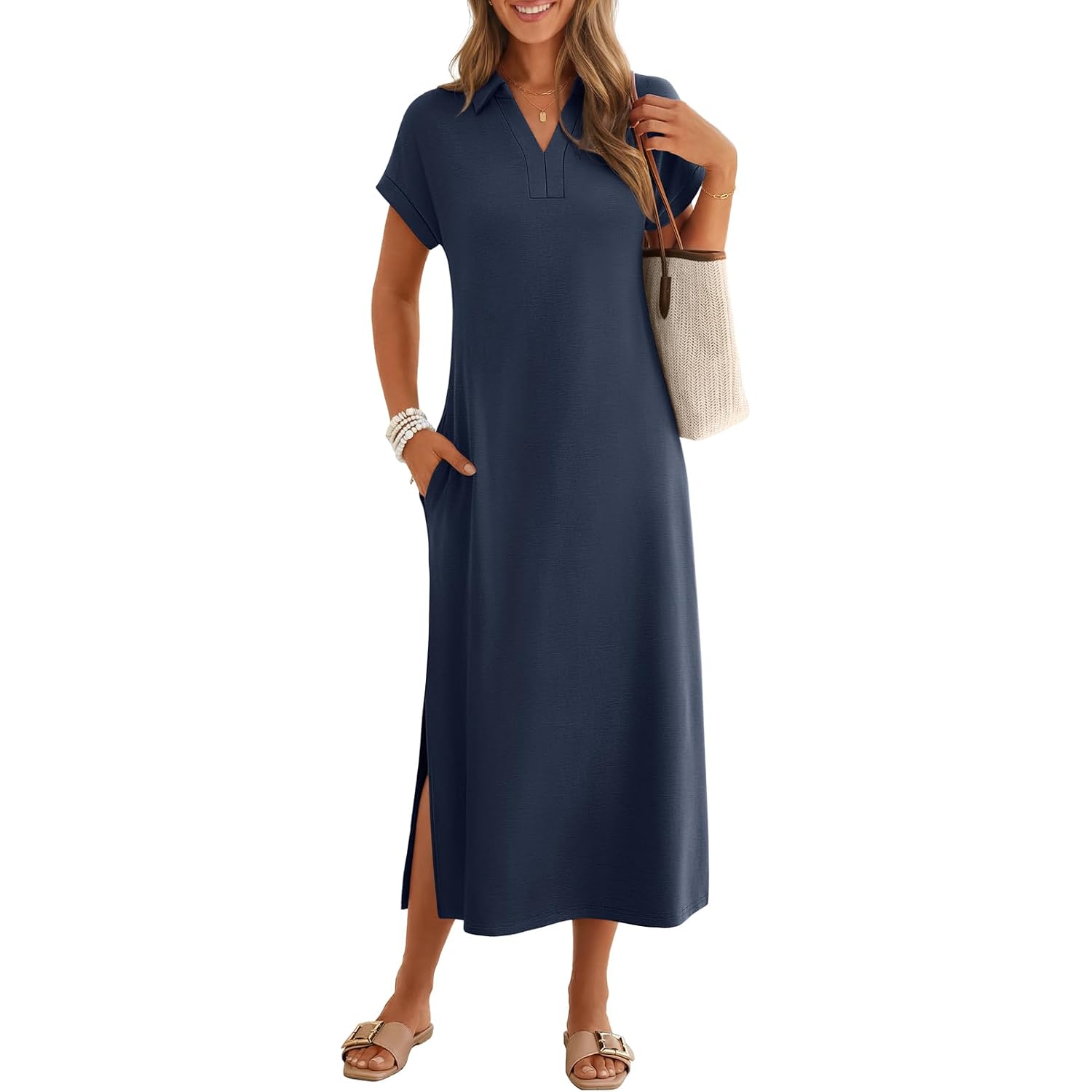 Merokeety Women'S Summer Casual Maxi Dress 2026 Cap Sleeve V Neck Collared Beach Vacation T Shirt Long Dresses