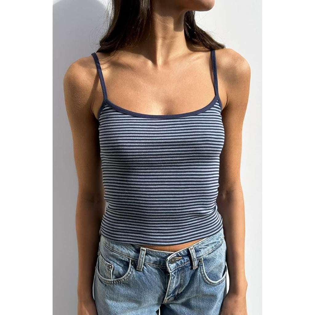 Women Stripe Print Cami Top Y2k Spaghetti Strap Backless Crop Tank Aesthetic Sleeveless Slim Fit Going Out Tops