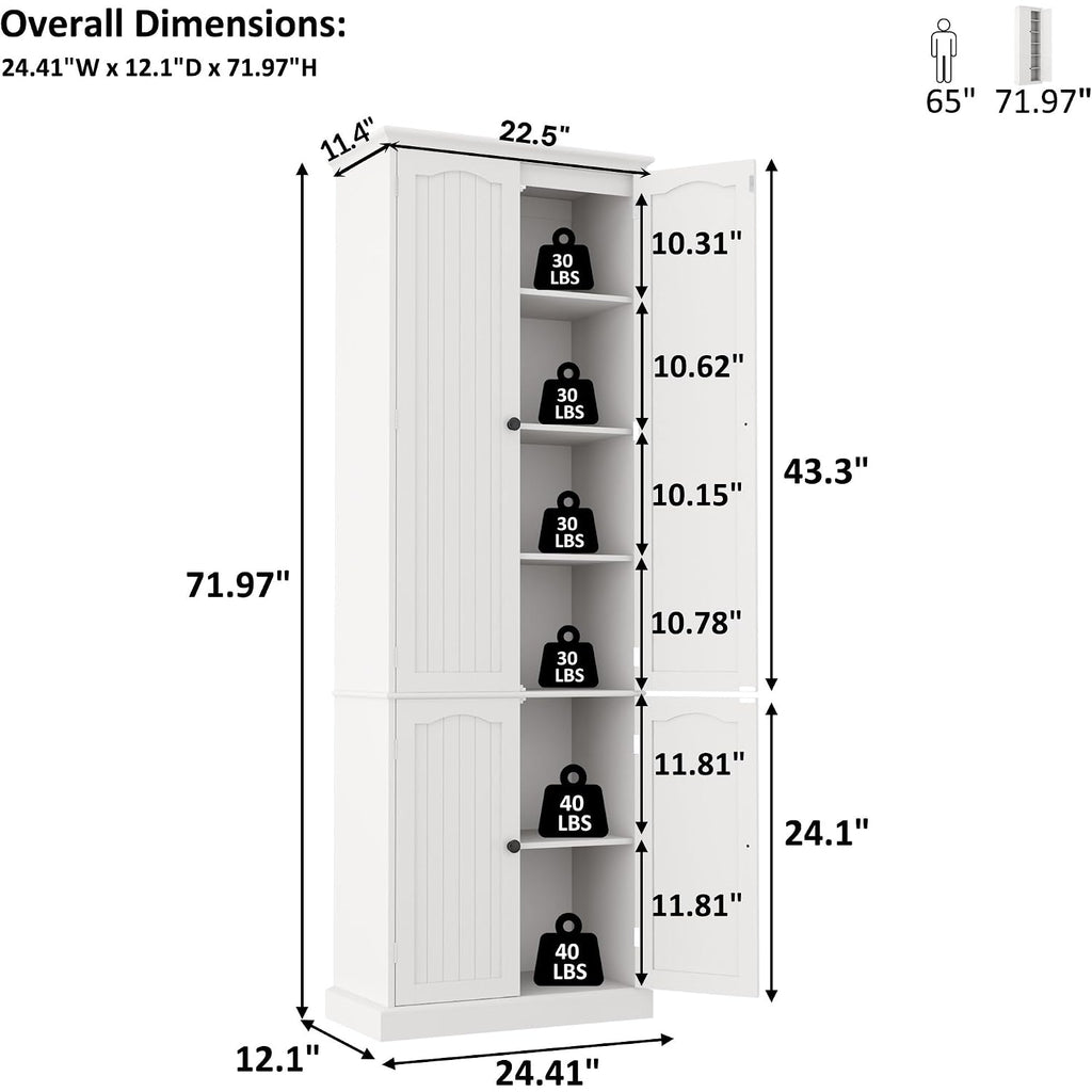 Function Home 72" Kitchen Pantry Cabinet, Tall Wood Storage Cabinet With Doors And Adjustable Shelves, 6-Tier Freestanding Cupboard For Kitchen Dining Room Living Room Bathroom, White