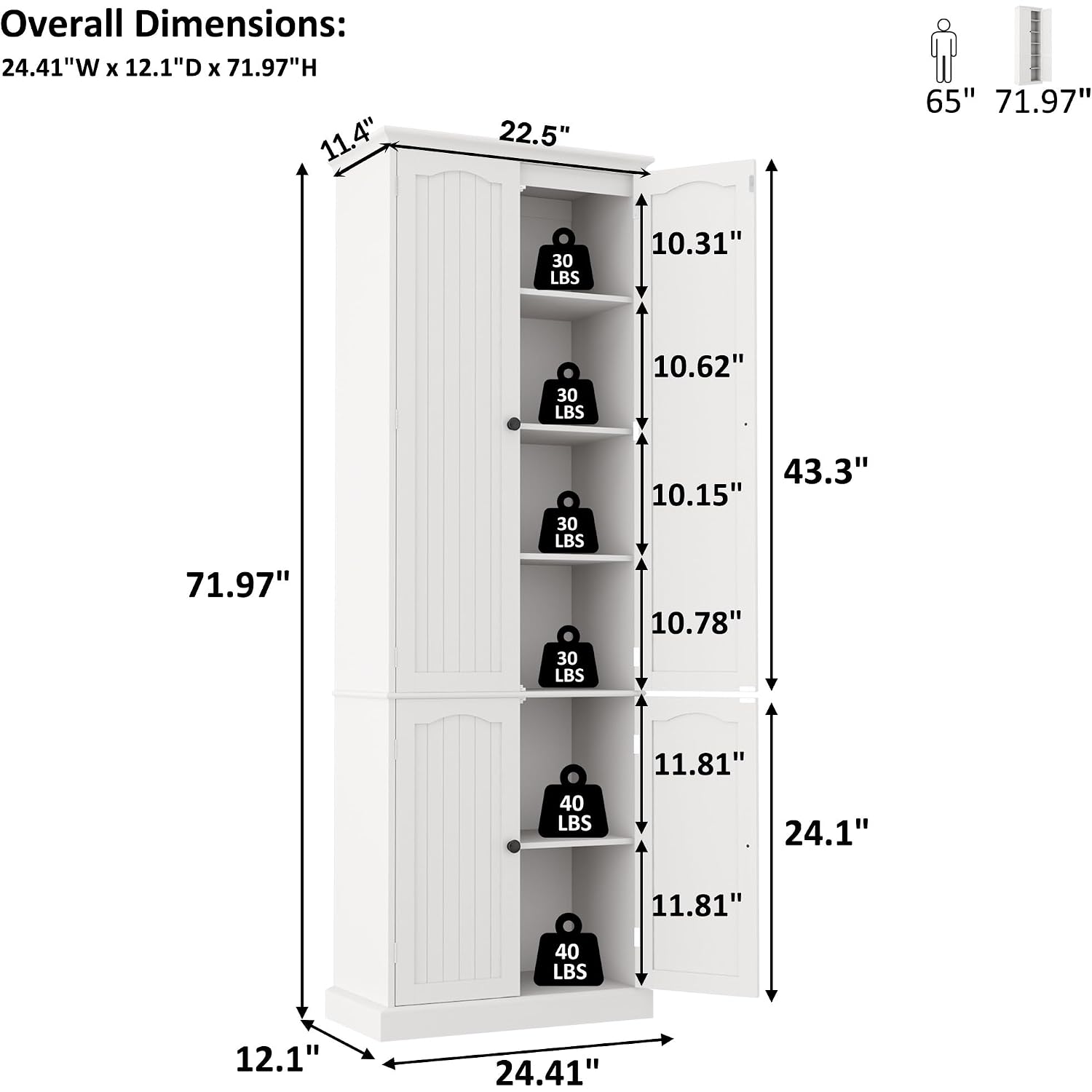 Function Home 72" Kitchen Pantry Cabinet, Tall Wood Storage Cabinet With Doors And Adjustable Shelves, 6-Tier Freestanding Cupboard For Kitchen Dining Room Living Room Bathroom, White