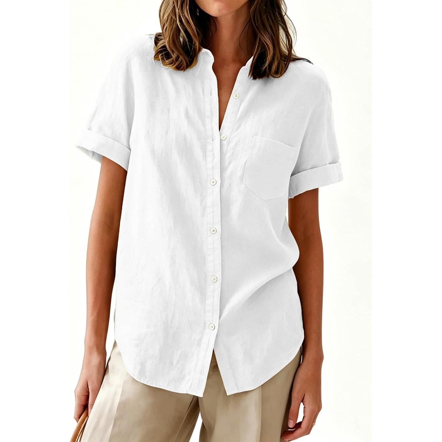 Aoudery Womens Button Down Shirts Short Sleeve Summer Oxford V Neck Collared Button Up Casual Blouses Tops With Pocket