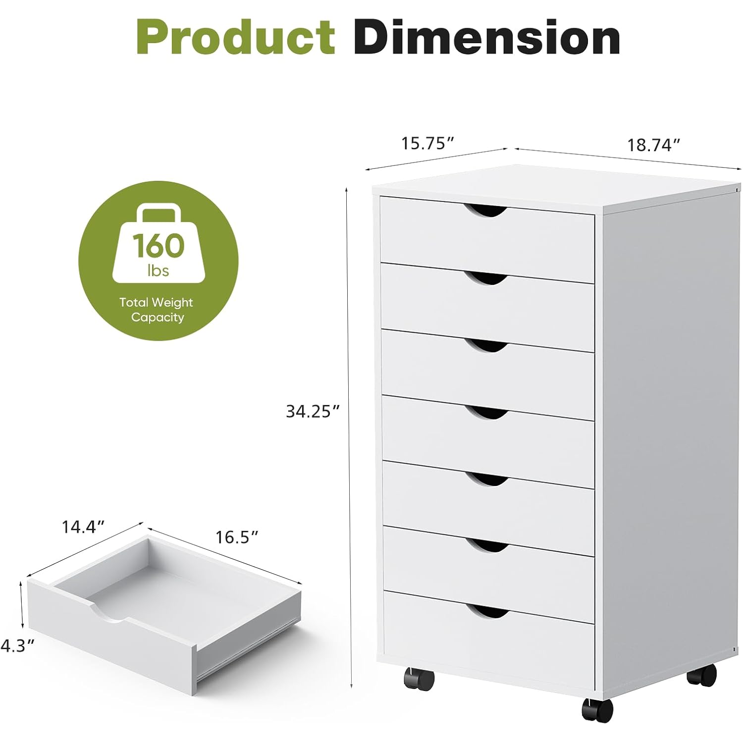 Sweetcrispy 7 Drawer Rolling Storage Cabinet With Wheels, Wood Organizer | Fits Under Desk Dresser Chest For Home Office, Bedroom, Small Place, Living Room White