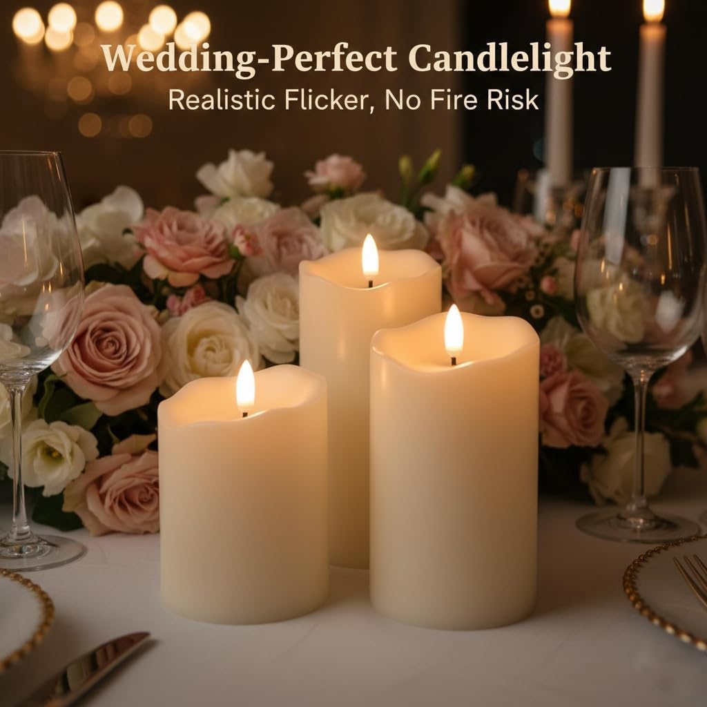 Angelloong Flickering Flameless Candles With Remote, Fake Candles Set Of 3 | Realistic Battery Operated Candles, Led Candle For Fall Room Home Wedding Decor Centerpieces Table Party Christmas Decoration