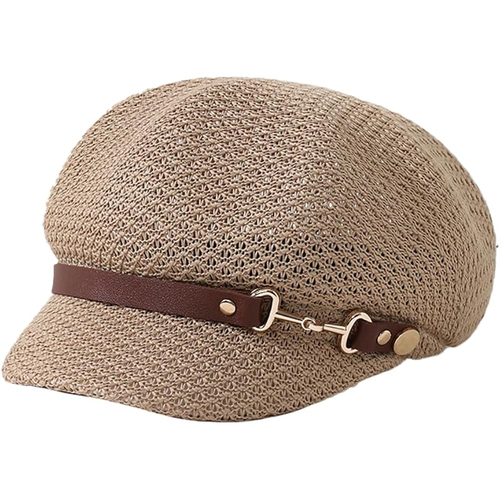 Molodo Womens Summer Breathable Newsboy Hat Lightweight Short Brim Cap with Decorative Strap for Casual Outdoor Style Khaki