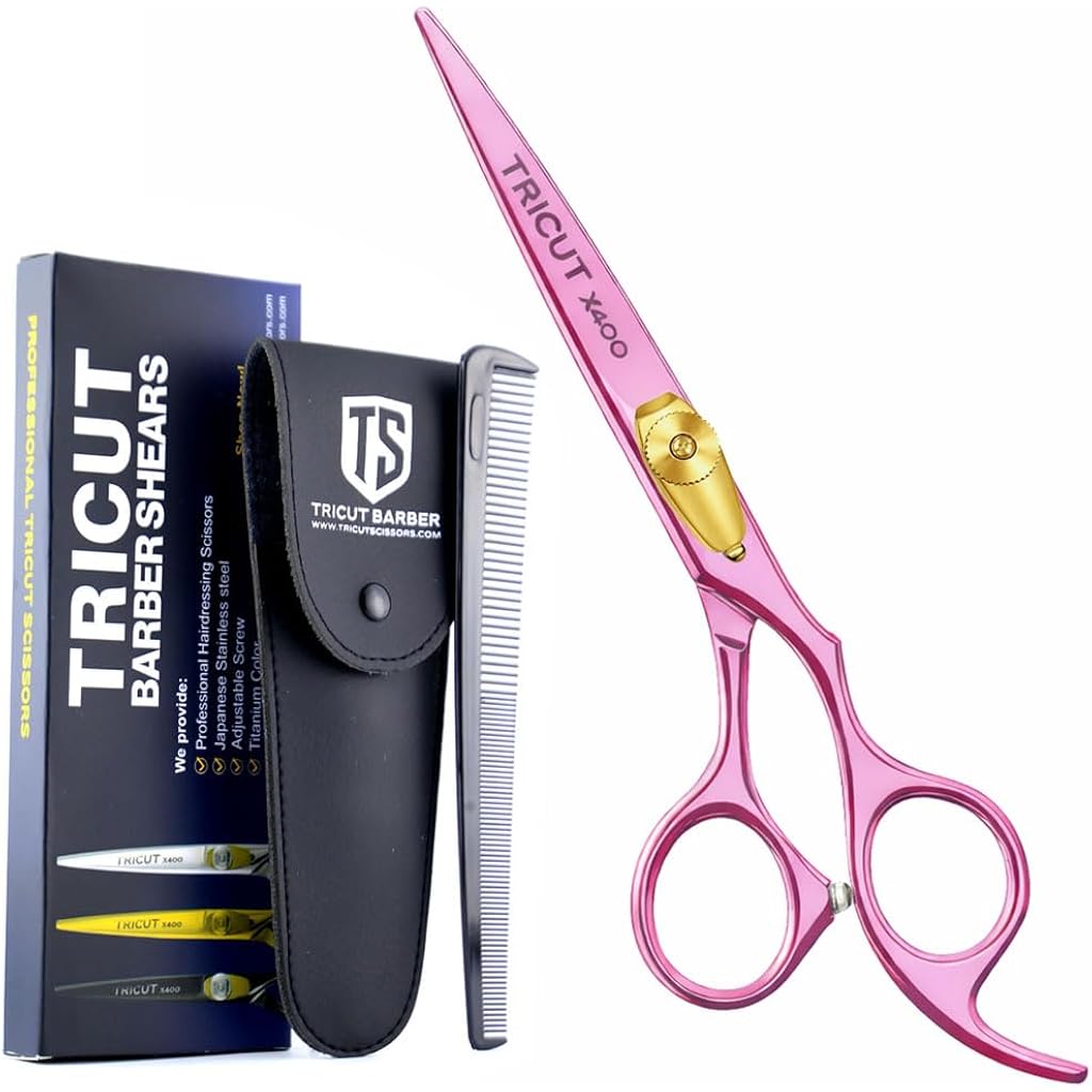 X400 Professional Barber Scissors 6.5” – Pink Hair Cutting Shears For Men & Women Japanese Stainless Steel, Adjustable Tension Screw, Ergonomic Handle Includes Comb & Leather Case