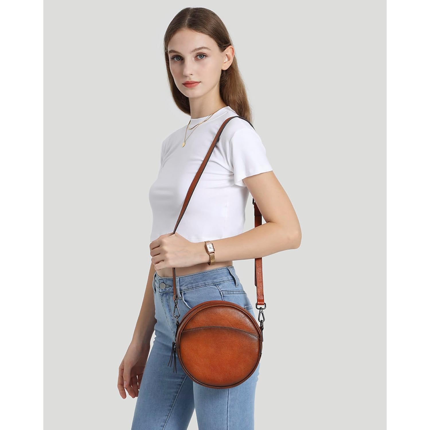 Leather Crossbody Bags,Circle Purse Shoulder Bag, Fashion Round Handbag For Travel,Valentine'S Gift For Women