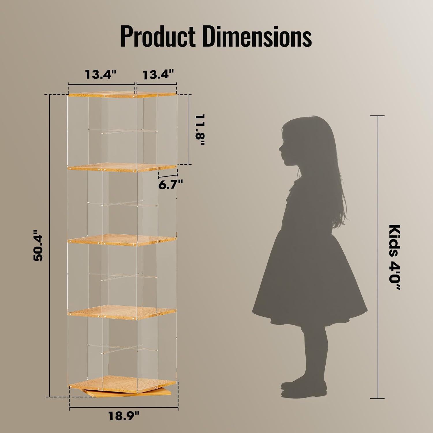 Rotating Bookshelf, 360 Degree Revolving Bookcase, 4-Tier Spinning Bookshelf, Clear Acrylic & Solid Wood Rotating Bookcase For Kid’S Playroom, Bedroom And Living Room, Square