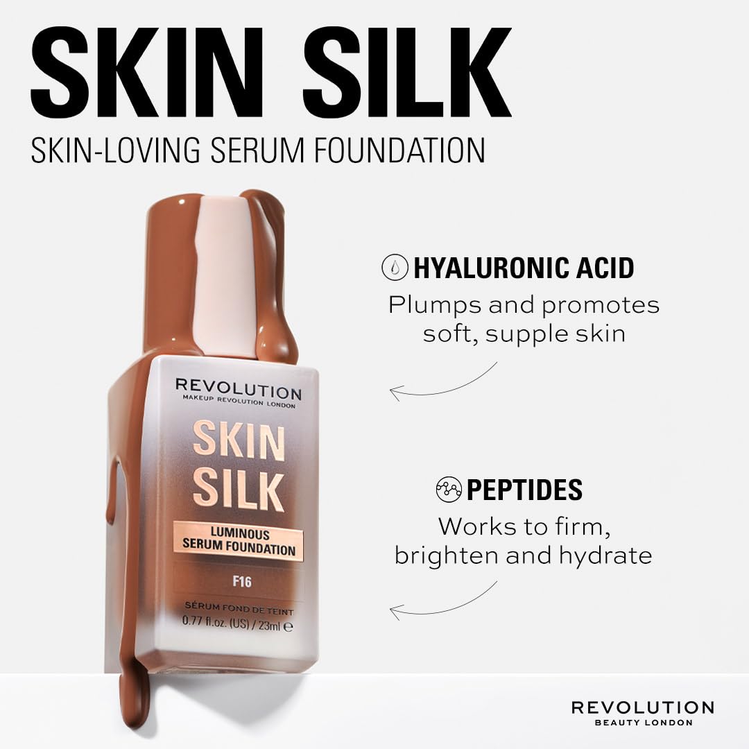 Revolution Skin Silk Radiant Satin Serum Foundation, Buildable Coverage with Hydrating Hyaluronic Acid for a Natural Finish, Vegan & Cruelty-Free, F1N Fair Skin Tones, 0.77 fl oz