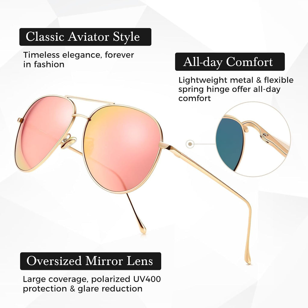 SUNGAIT Women's Lightweight Oversized Aviator Sunglasses - Mirrored Polarized Lens Classic Style 01 2026 Rose Gold Frame/Pink Mirror Lens