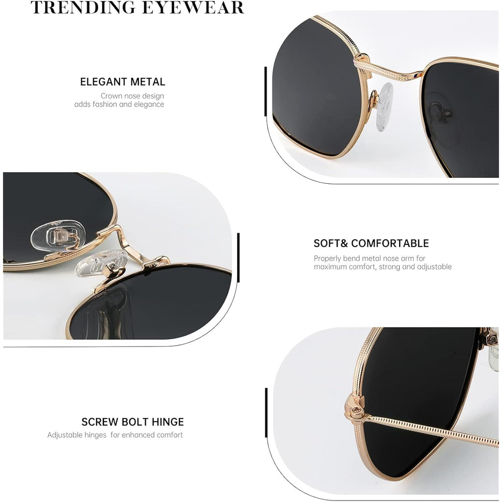 Kaliyadi Sunglasses For Women And Men, Polarized Square Uv Protection, Trendy Metal Frame Hexagon Sunglasses