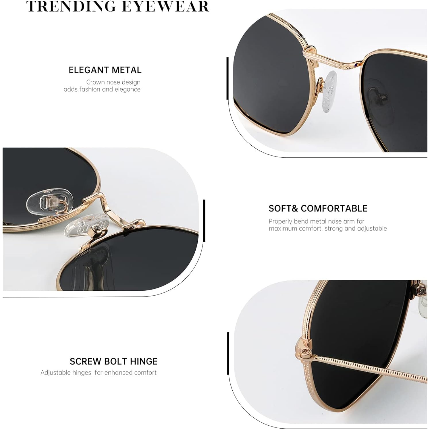 Kaliyadi Sunglasses For Women And Men, Polarized Square Uv Protection, Trendy Metal Frame Hexagon Sunglasses