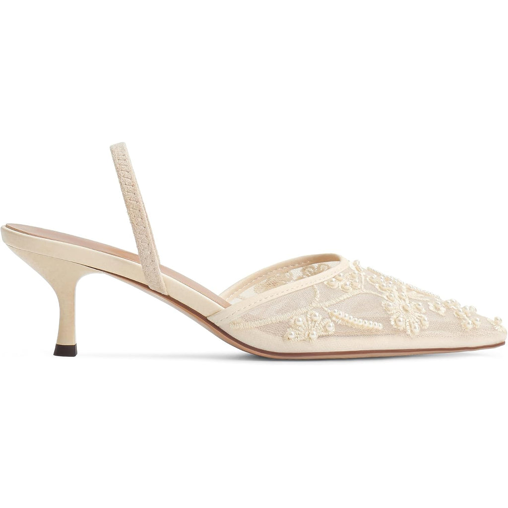 Embroidered Kitten Heels For Women Pointed Toe Mesh Floral Slingback Heeled Sandals With Pearl Slip On Backless Bridal Wedding Sandals Shoes