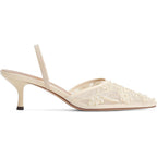 Embroidered Kitten Heels For Women Pointed Toe Mesh Floral Slingback Heeled Sandals With Pearl Slip On Backless Bridal Wedding Sandals Shoes