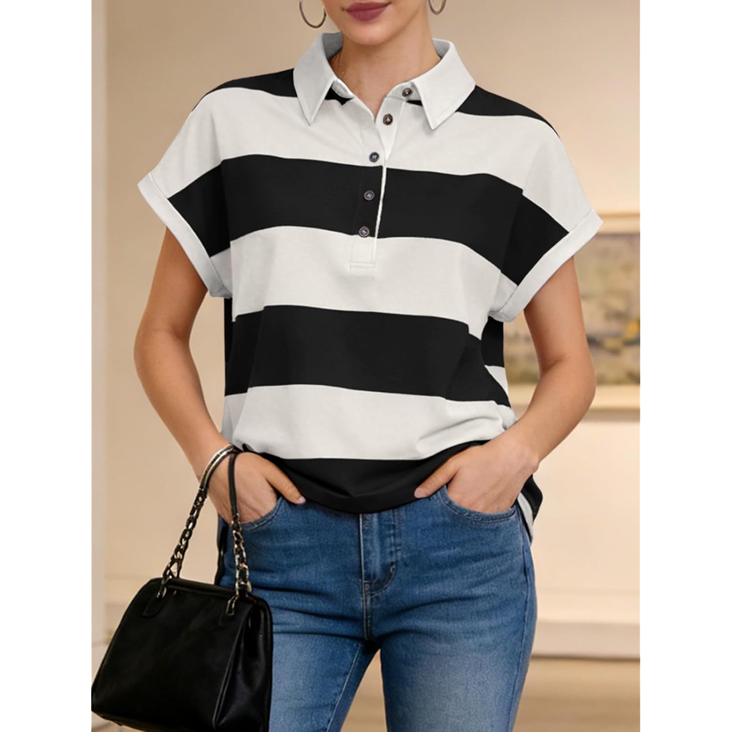 Womens Striped Polo Shirts Summer Short Sleeve Rugby Shirt Oversized Cotton Collared Casual Loose Cropped Tee Tops