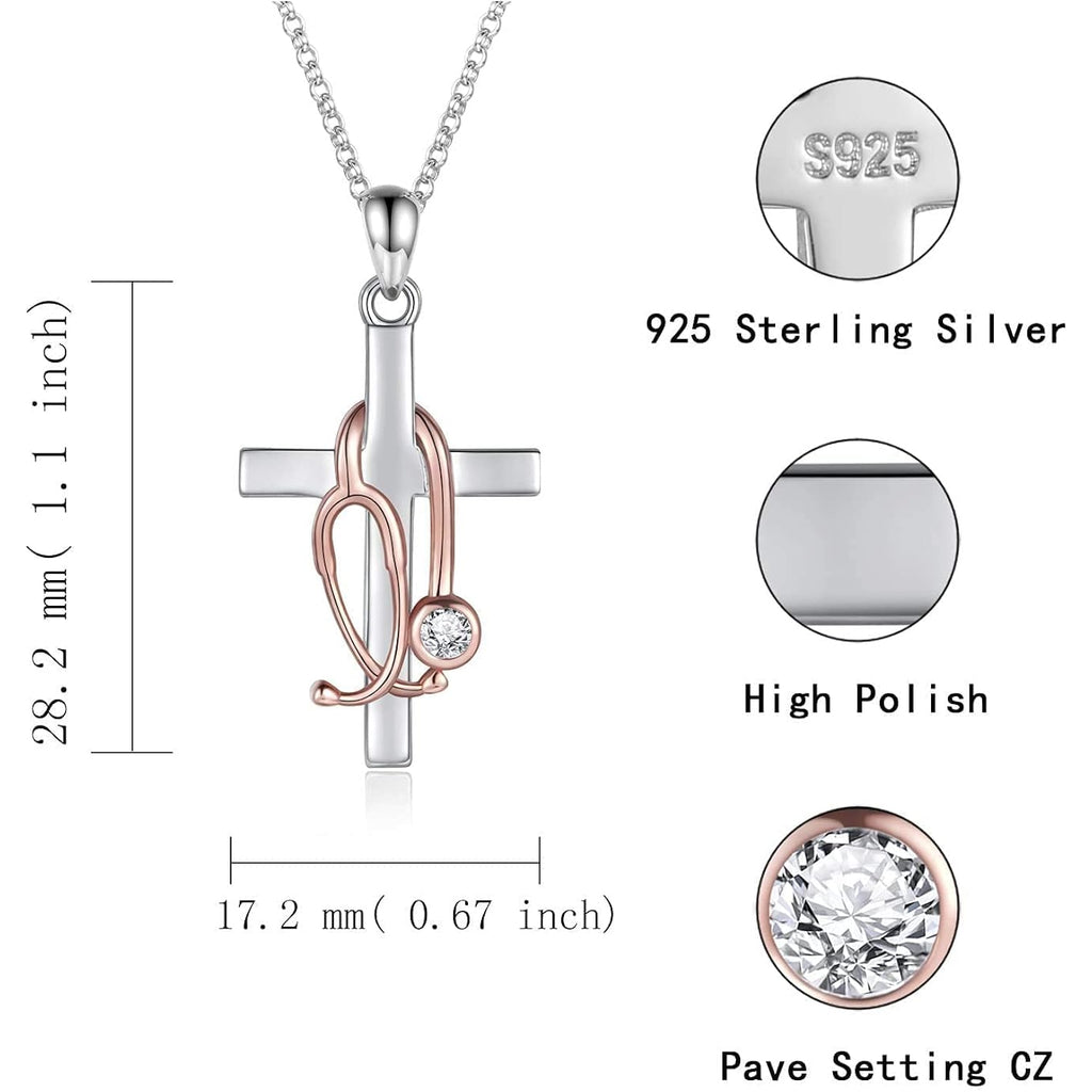 Sterling Silver Stethoscope Cross Necklace Earrings Bracelet Ring Women Medicine Pendant Jewelry Nurse Doctor Graduation Gift for Medical Student