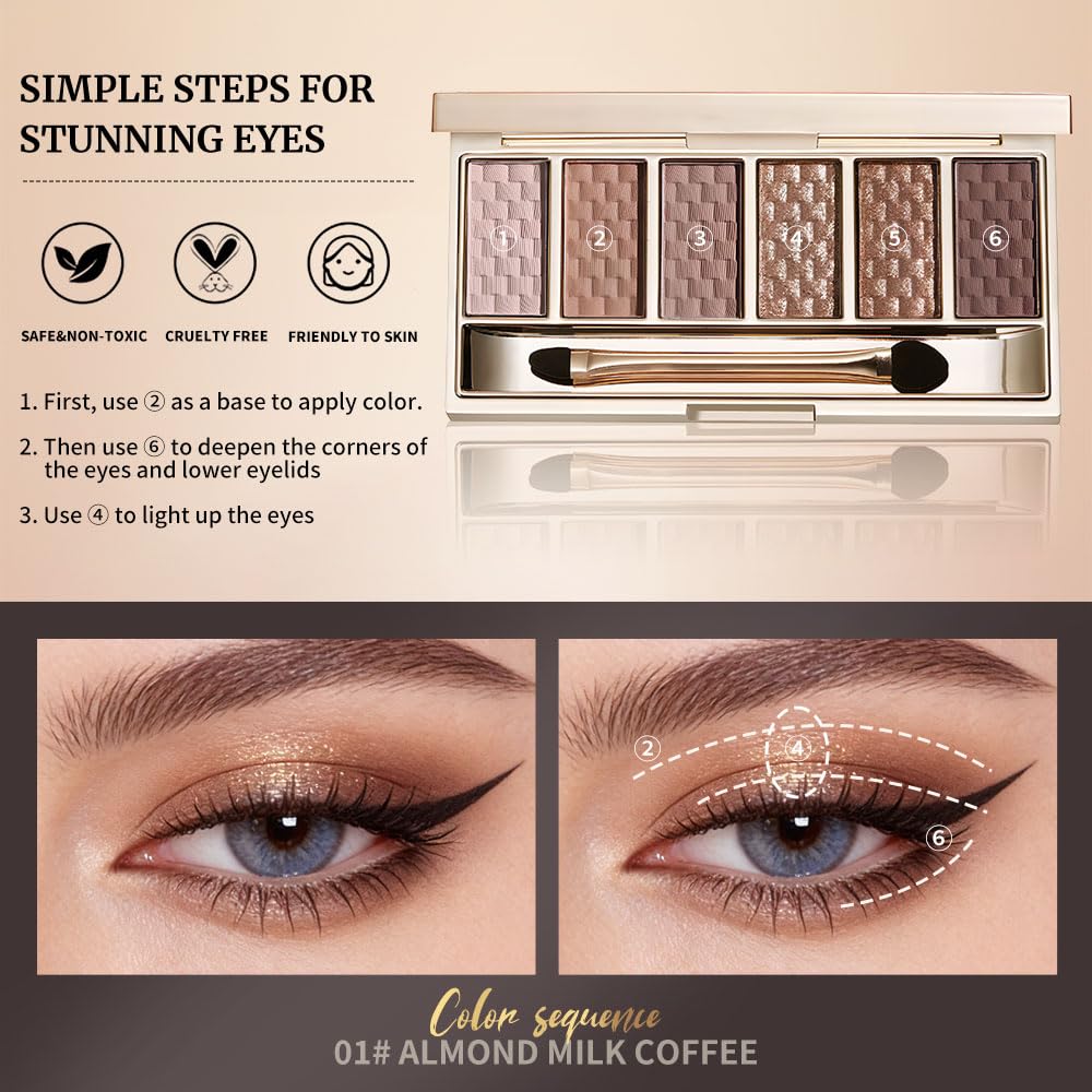 Neutral Nude Brown Eyeshadow Palette – 6 Matte & Shimmer Shades, Blendable Long-Lasting Eye Shadow Kit for Natural Everyday Makeup, Soft Glam Looks & Mature Eyes, High Pigment Smooth Formula 1