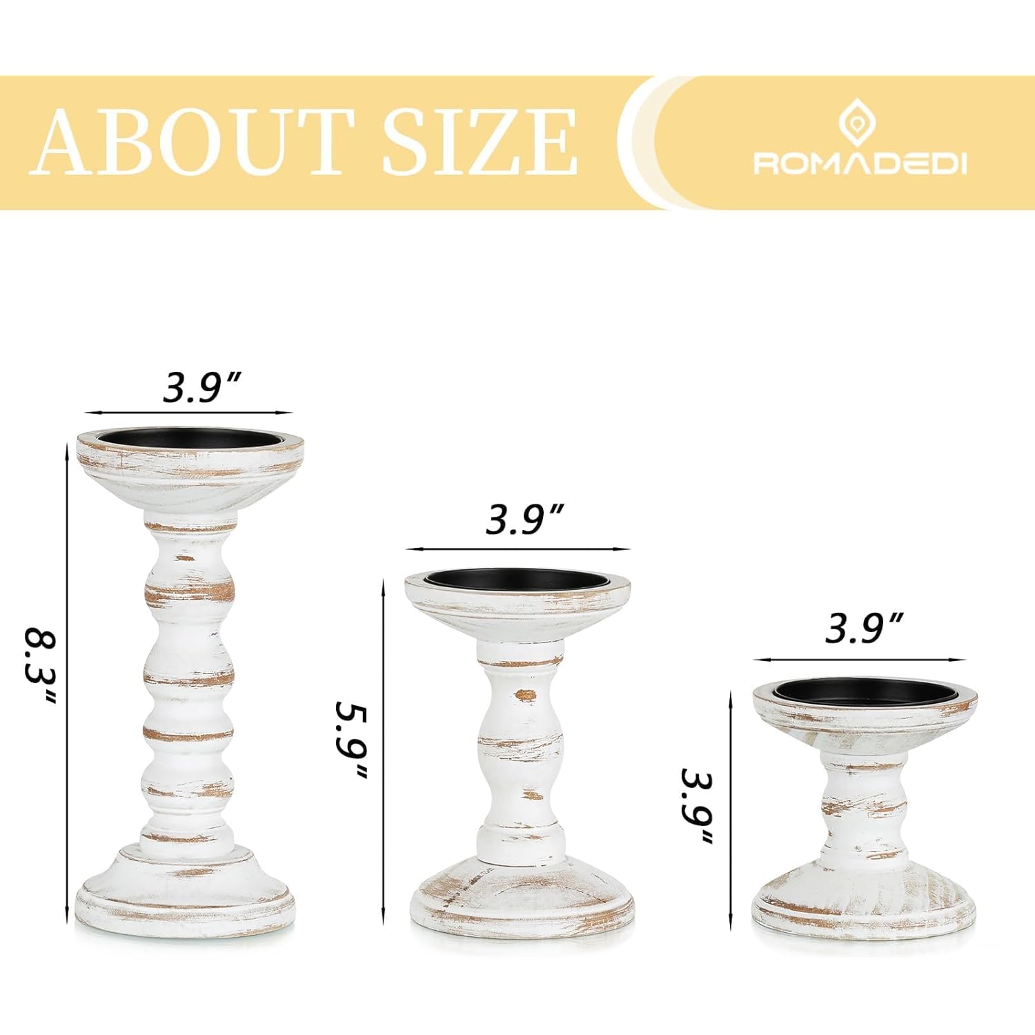 Romadedi Wood Candle Holders for Pillar Candles - Set of 3 Tall Farmhouse Wooden Candlestick Holder, Rustic Candle Stand for Fireplace Mantle Shelf Table Home Decor, Brown Whitewashed 3.9"/6"/ 8.3"