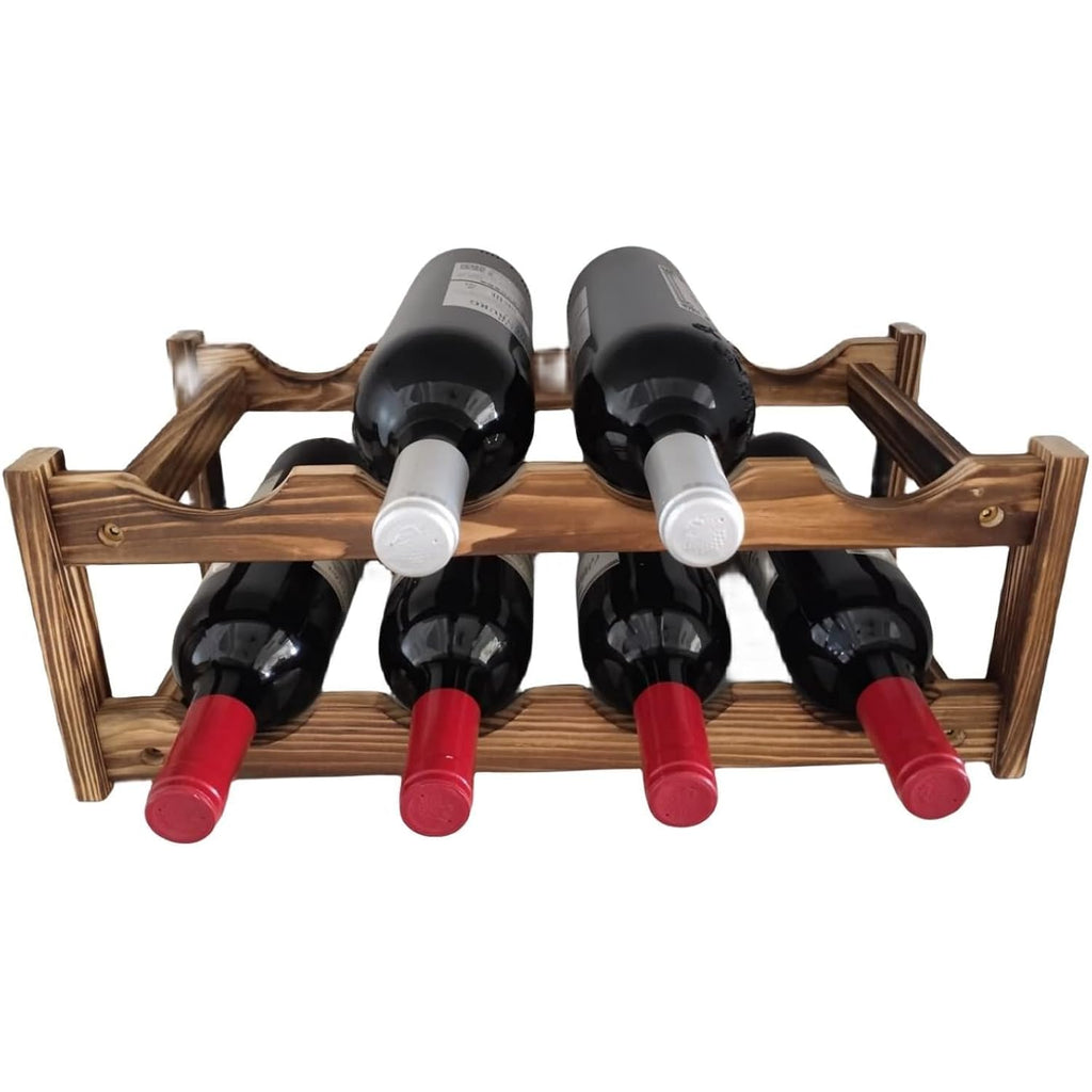 8-Bottle Wood Wine Rack - 2-Tier Countertop Wine Bottle Holder For Kitchen, Bar, Pantry, Dining Room | Small Freestanding Stackable Liquor Storage Organizer, Carbonized Pine