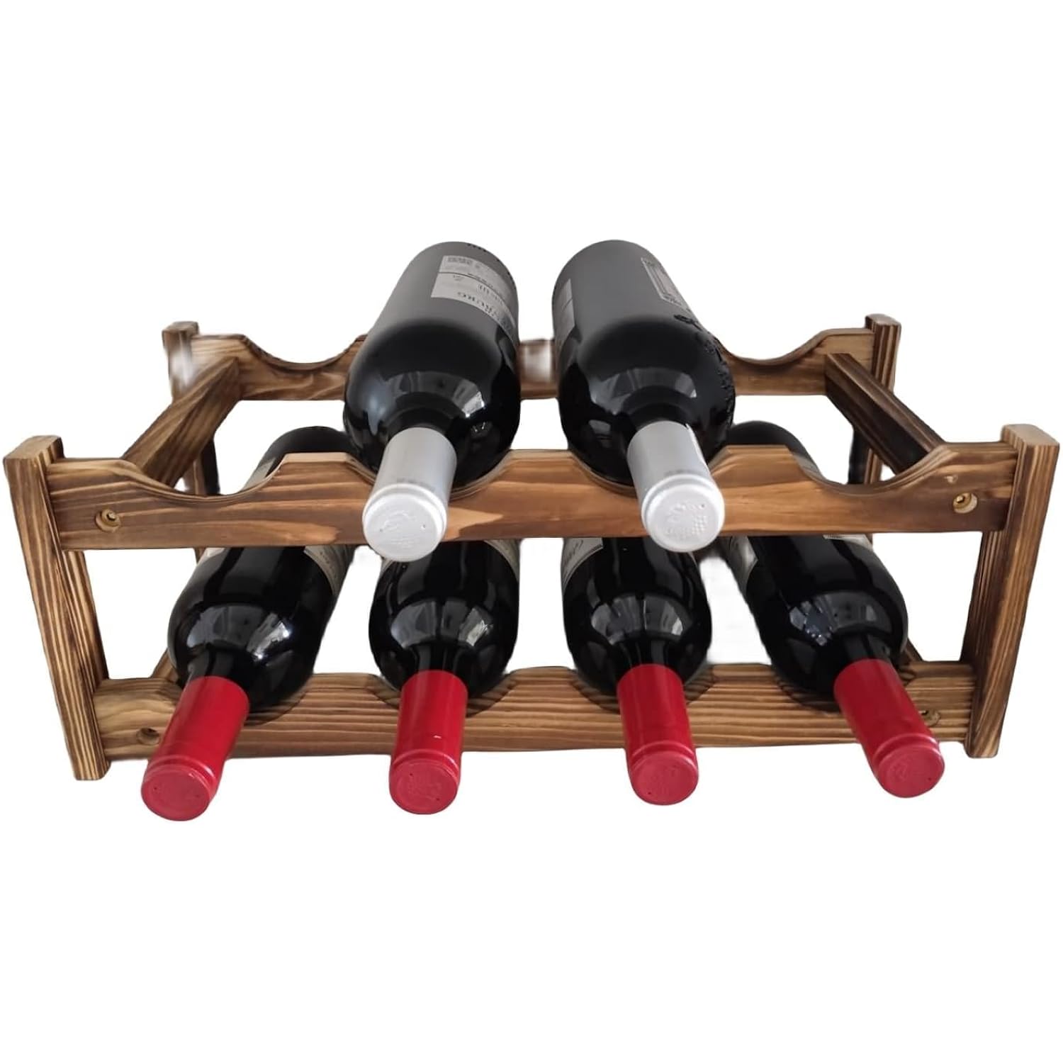 8-Bottle Wood Wine Rack - 2-Tier Countertop Wine Bottle Holder For Kitchen, Bar, Pantry, Dining Room | Small Freestanding Stackable Liquor Storage Organizer, Carbonized Pine