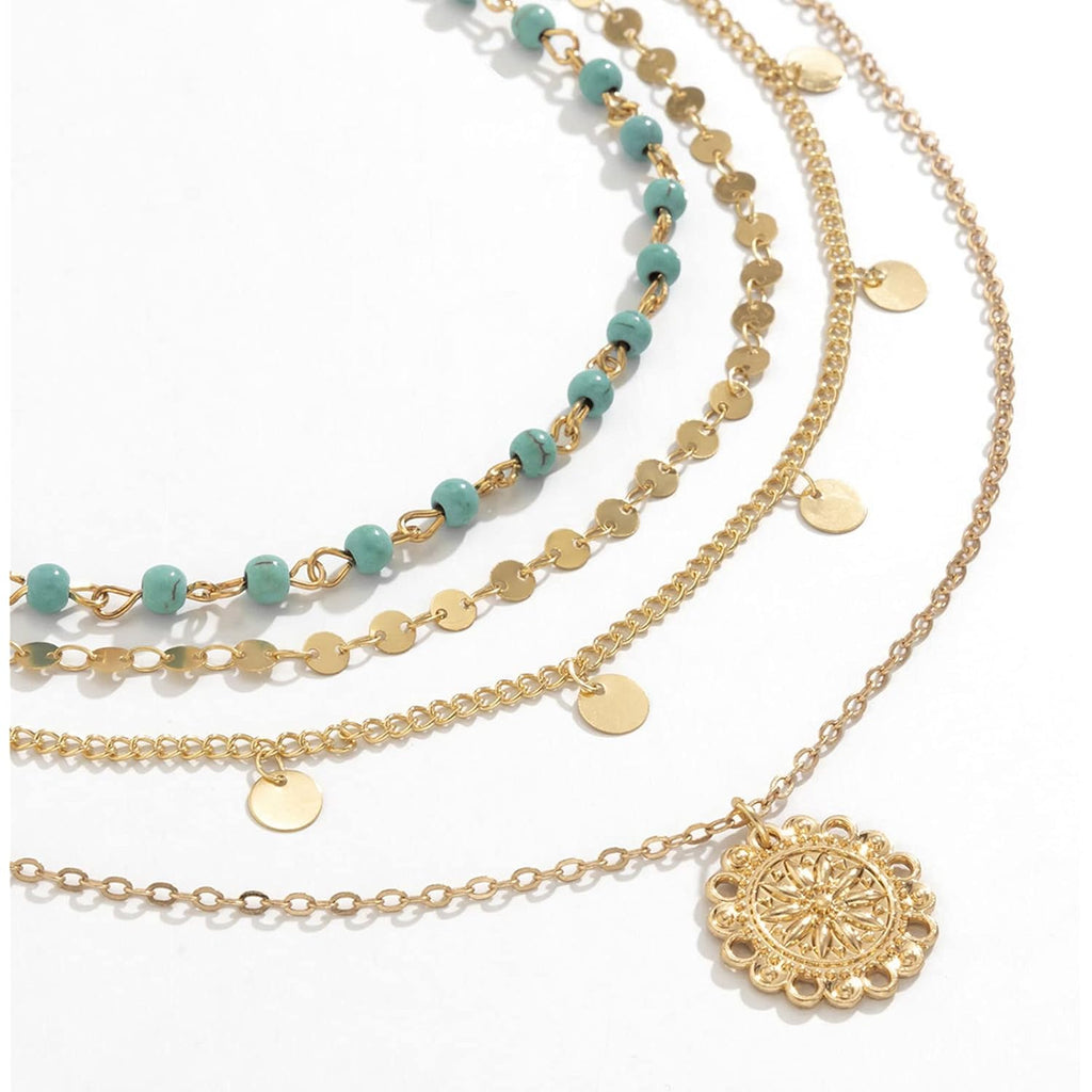 Gold Layered Turquoise Necklace for Women Multi Boho Long Necklace Bohemian Coin Pendant Necklaces Jewelry
