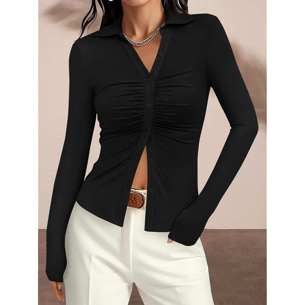 Prettygarden Womens Button Down Shirts V Neck Collared Ruched Slim Fit Long Sleeve Shirt Casual Spring Fashion Ladies Tops