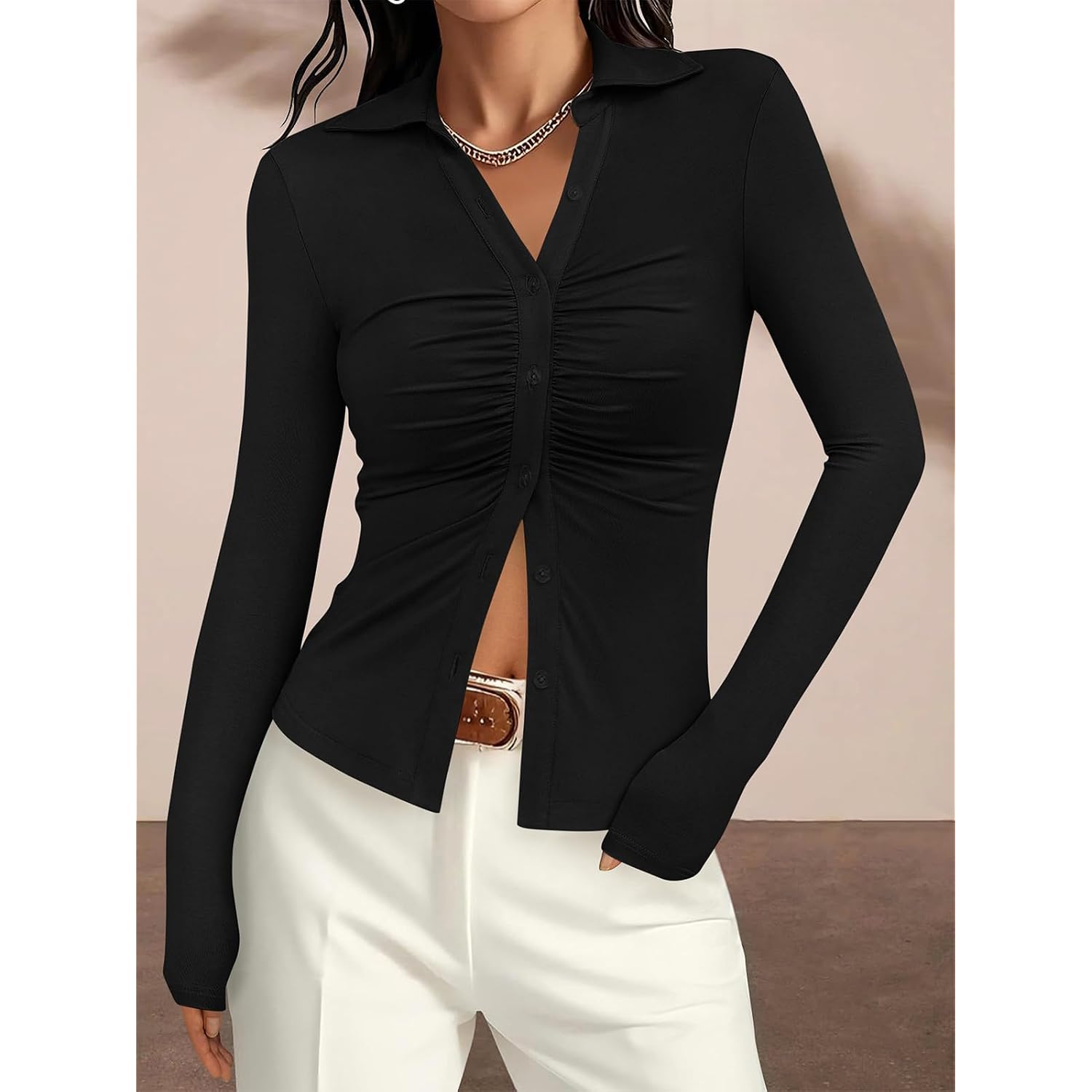 Prettygarden Womens Button Down Shirts V Neck Collared Ruched Slim Fit Long Sleeve Shirt Casual Spring Fashion Ladies Tops